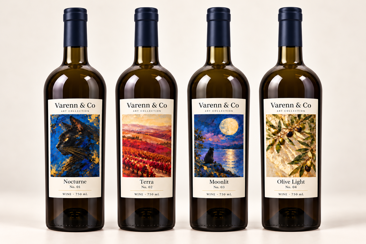 Varenn & Co Art Collection: Nocturne, Terra, Moonlit and Olive Light label design previews