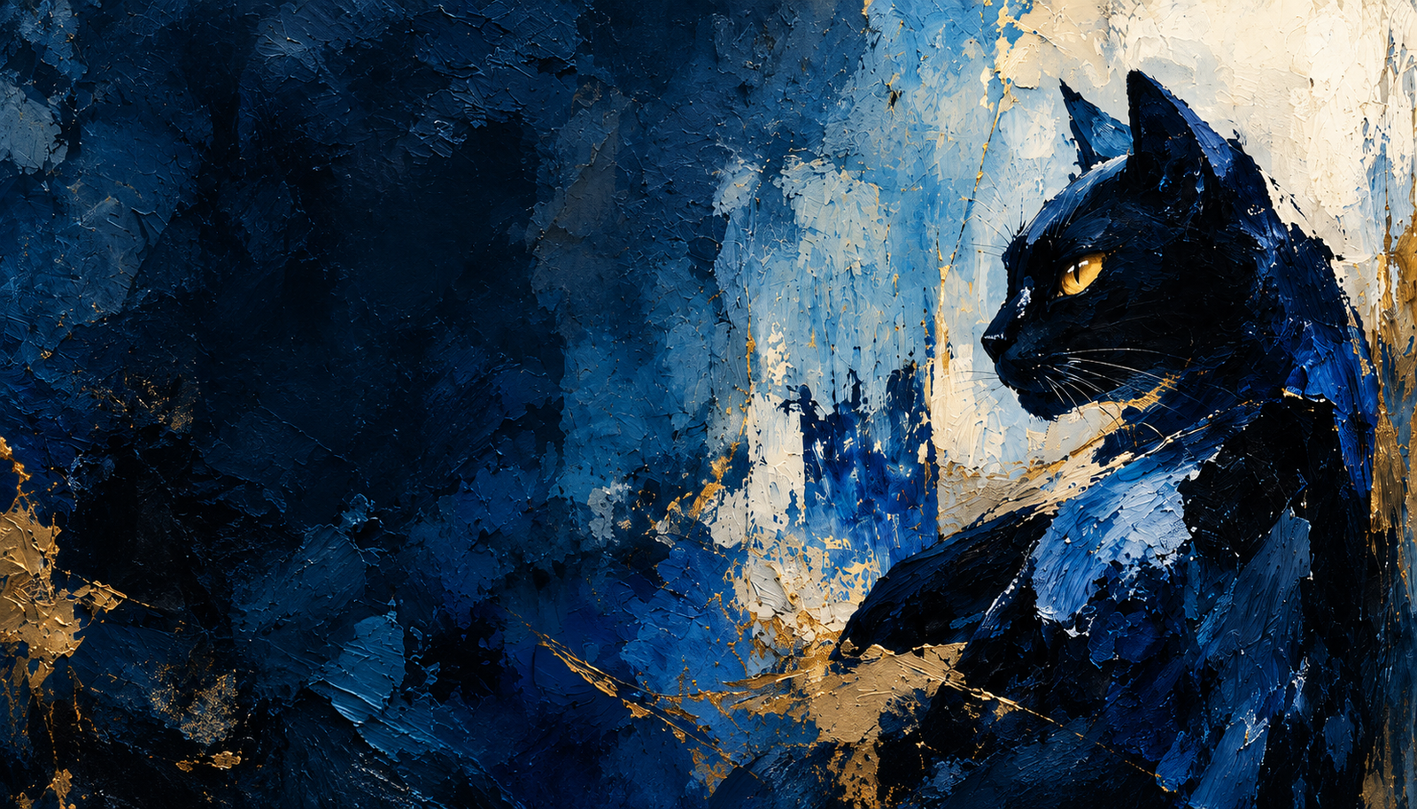 Blue cat artwork in navy, cobalt and gold